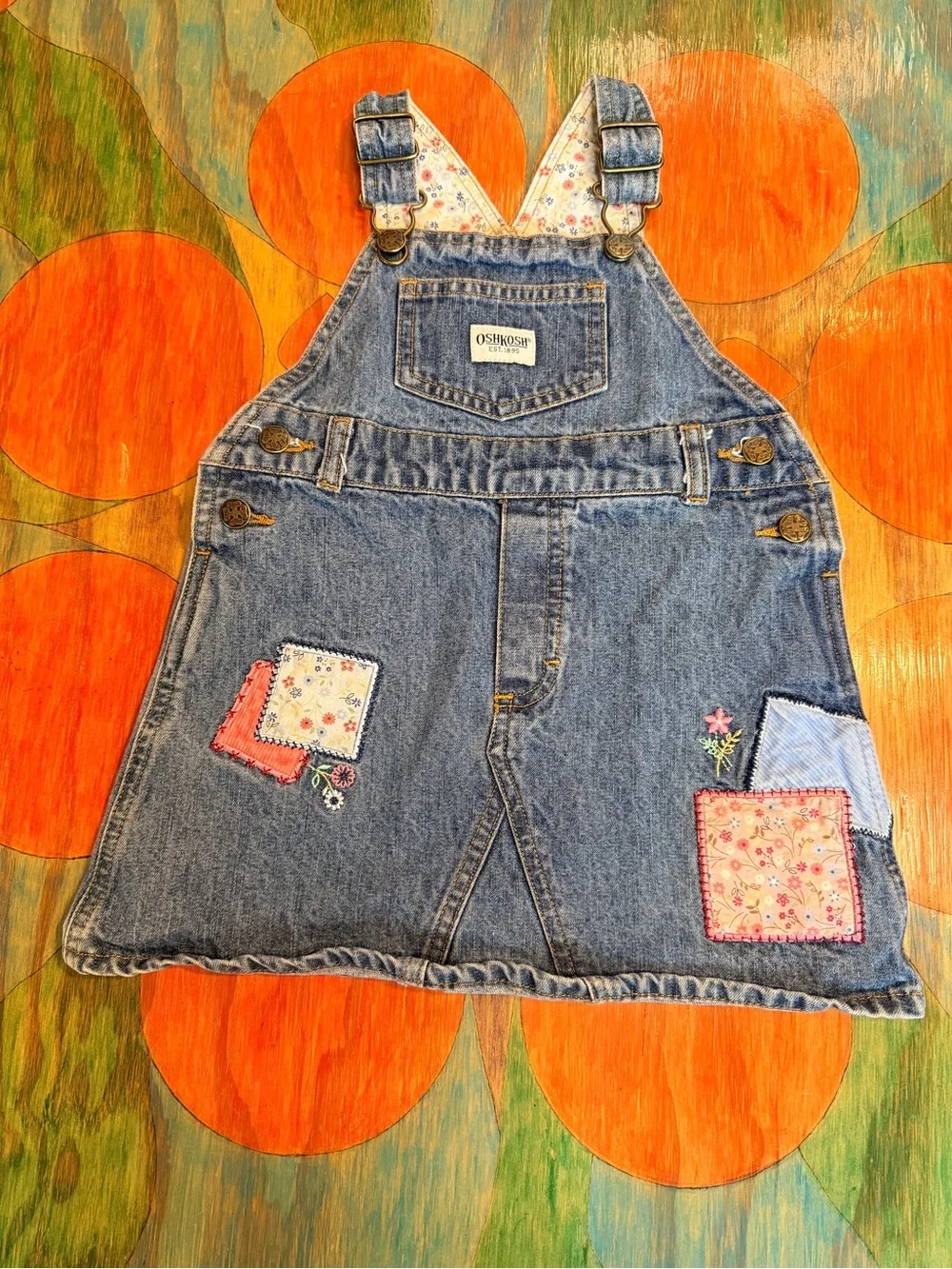 Oshkosh B'Gosh Girl's Denim Overall Dress 2T Patchwork Multicolored Adjustable S